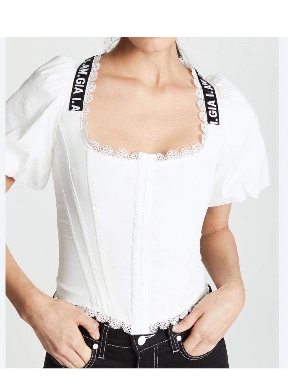I.AM.GIA White Lace-Trim Corset Top with Branded Black Straps